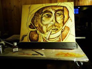 After completing a rough sketch, the canvas was toned with a transparent yellow ochre mixed with a medium and turpentine.